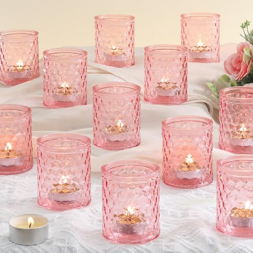 LETINE 12 PCS Tea Light Candle Holders, Pink Tealight Holders Votive Candle Holder, Glass Tea Light Holders for Wedding Decor Table Decorations Centrepiece Ramadan Decorations