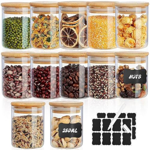 12Pcs Botes Especias Cristal con Tapa Bambú Rotulador & Etiquetas, Tarros Cristal Hermética Redondos Bote Hermeticos 250ml, Hermetico Tarro Almacenaje Cocina Frascos Vidrio Especiarias para Hierbas Té