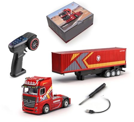 ToysWeltX RC-Container-LKW Im Maßstab 1:64, 2,4 GHz, Allradantrieb, Mit Proportionaler Lenkung, Unabhängiger Anhängersteuerung, Ausfahrbaren Stützbeinen, Licht- Und Soundeffekten, Fahrbereit (RTR)