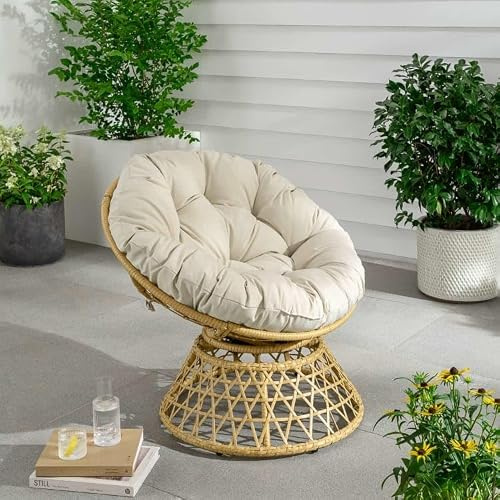 Swivel Papasan Lounge Chair with Plush Cushion, Premium Handwoven Rattan Frame, Weather-Resistant Heavy-Duty Accent Chair for Patio, Garden, Balcony, Sunroom & Indoor Relaxation Use A106