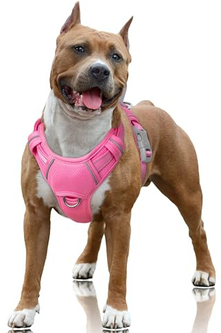 BARKBAY No Pull Dog Harness Large Reflective Dog Harness with Front Clip and Easy Control Handle for Walking Training Running with ID tag Pocket(Pink,L)