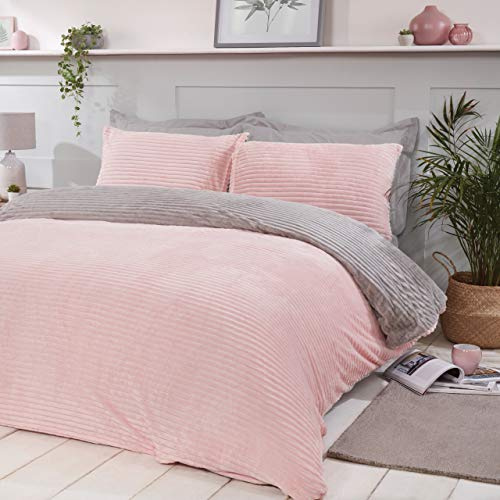 Sleepdown Ribbed Sparkle Glitter Fleece Blush Pink Reversible Soft Duvet Cover Quilt Bedding Set With Pillowcases - King (220cm x 230cm)
