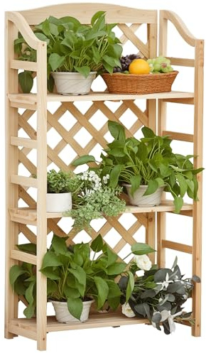 Outsunny Scaffale Porta Piante da Esterno, Fioriera da Balcone Pieghevole con 4 Mensole Regolabili, Arredamento da Giardino e Casa in Legno, 67x33x123cm