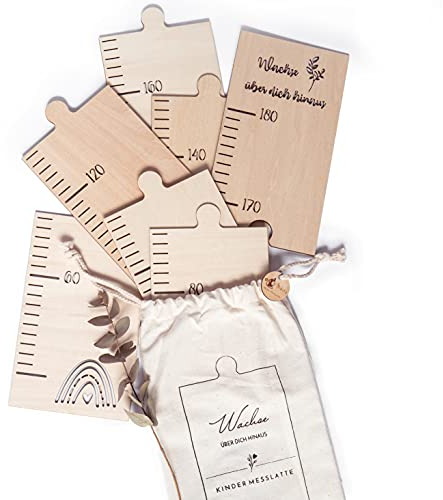 Mikito Holz Messlatte für Kinder zum festhalten ihres Wachstums inkl. Wandbefestigung | Wanddekoration für Kinderzimmer Babyzimmer für Mädchen und Junge | Messleiste aus natürlichem Holz als Puzzle