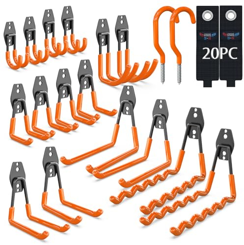 3-H kraftiga garageväggkrokar 20-pack, antislida PVC-belagda väggmonterade garageförvaringshängare, kraftig lastorganisatör för stegar, trädgårdsredskap, skovlar, grästrimmare, slangar och bulkföremål