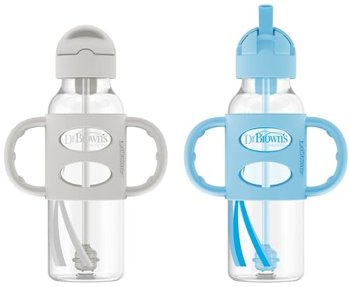Dr. Brown's Milestones - Bottiglia con cannuccia con beccuccio stretto con manici in silicone al 100%, 250 ml, grigio e blu, confezione da 2, dai 6 mesi in su