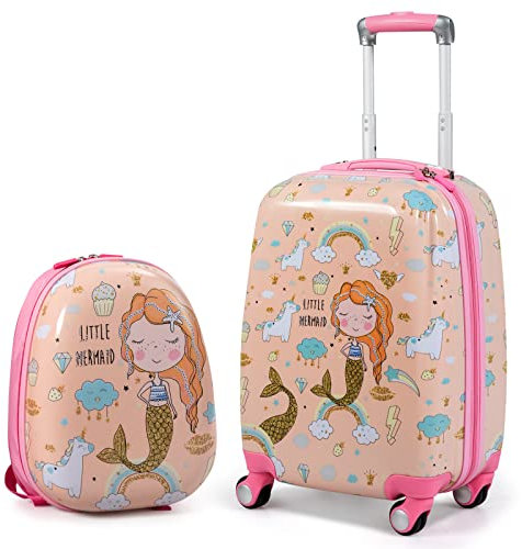 BABY JOY 2 PC Kids Carry On Luggage Set, 18 Toddler Trolley Case & 12 Backpack with Hard Shell & Rolling Wheel Design, Kids Suitcase for Boys Girls (Mermaid)