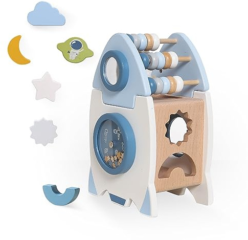 Smartwo Wooden Space Toy for Baby, Montessori Toys for Babies, Toddler Rocket Toy, Sensory Activity Cube Learning Game, 1st Birthday Gift for Boys and Girls