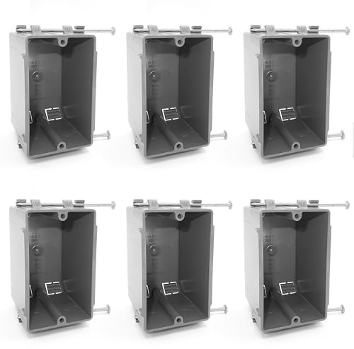 (6 Pack) Plastic Electrical Box, Grey Outlet Box, Single Gang New Work Junction Box, Captive Nails, 18 cu. Inches, Length 3.75'', Width 2.25'', Depth 2.875'', 2 Hour Fire Rated Electrical Outlet Box