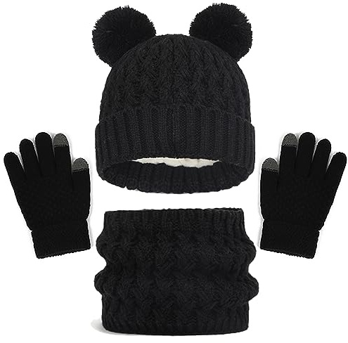 Baynetin Echarpe et Gants Bonnet Ensemble 3PCS, Enfant Tricoté Tour de Cou Chaud Bonnet Gants à écranTactiles, Hiver Accessoires pour Fille Garçon 2-8 Ans Ski Activité de Plein Air (Noir)