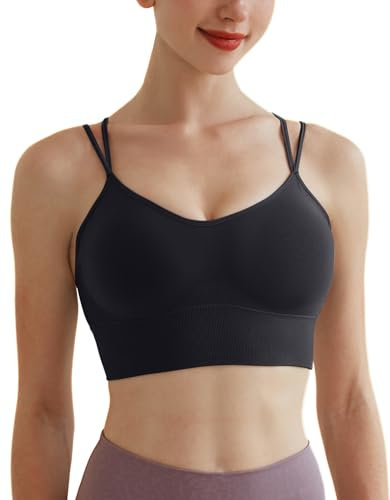 Memoryee Sports Bras Women Padded Cross Back Strappy Non Wired Push Up Medium Impact Vest Crop Top for Running Yoga Dance Black L