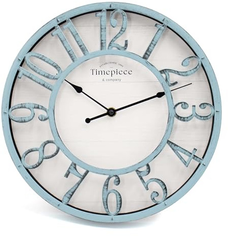 K&L Wall Art grande orologio da parete vintage industriale in stile country, orologi da parete in legno con aspetto metallico senza ticchettio, orologio silenzioso (Shabby Chic Blu, Ø 50 cm)