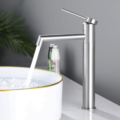 SHANFO Waschtischarmatur Hoch, Wasserhahn Bad Hoch mit 360°Drehbar Auslauf, Waschtisch Armatur Bad, Einhebel Mischbatterie für Aufsatzwaschbecken, Gebürstet, 7M2OK-T