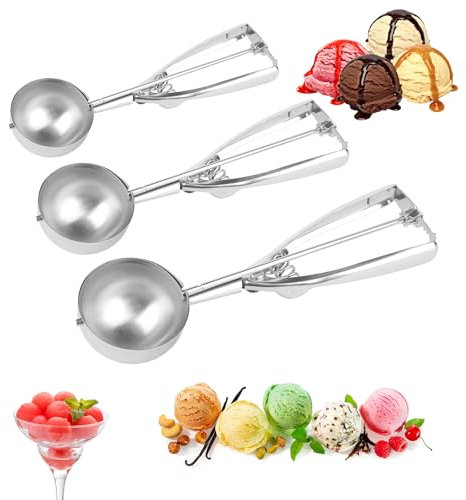 3 Stück Eisportionierer Edelstahl,4/5/6CM Eislöffel Portionierer,Ice Cream Scoop Eiscremelöffel,Eisportionier mit Auslöser, Cookie Scoop Eisportionierer für Eiscreme, Plätzchen, Kuchen Teig, Melone