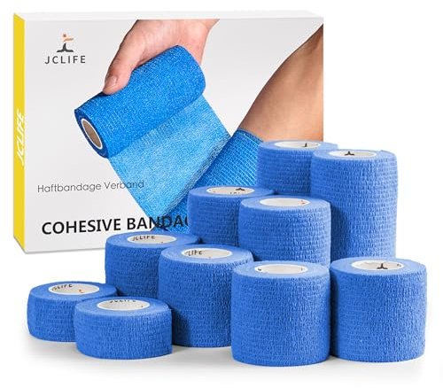 JCLIFE Set di bende elastiche autoadesive, 10 rotoli, blu, larghezza 2,5-10 cm, antiscivolo, ideali per la protezione sportiva e per animali domestici
