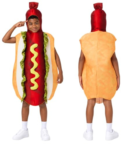 3D Hot Dog Costume for Kids Boys Hotdog One Piece Food Jumpsuit with Bun and Sausage for Halloween Cosplay Carnival