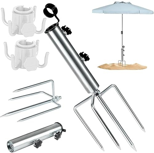 Guidre Supporto per ombrellone con spina da prato, supporto per ombrellone con 4 picchetti e ombrellone, supporto per ombrellone rimovibile, regolabile, robusto ancoraggio a terra per pesca, giardino