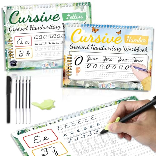 gisgfim Lot de 2 cahiers d'exercices d'écriture cursive rainurés magiques réutilisables avec stylos à encre disparaissante pour enfants (lettres et chiffres)