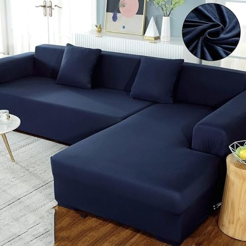 Elastiskt sofföverdrag med vänster/höger schäslong, töjbart L-format sofföverdrag för 1/2/3/4/5-sits katt repbeständigt överdrag (marinblå 190–230 cm)