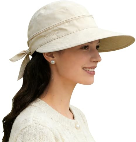 ADUDVLO Sun Hats for Women UK, Stylish UPF 50+ 2-in-1 Detachable Top & Adjustable Visor, Foldable Packable Wide Brim Beach Hat for Travel & Outdoor (Beige)