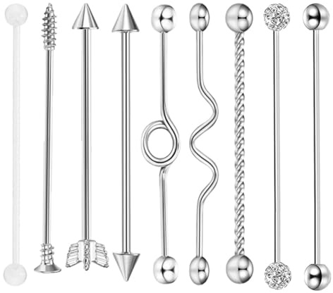 HORIALENCE Pendientes Industriales de Acero Quirúrgico 9 Piezas Set Flecha Tornillo Barra para Piercing Oreja Mujer Hombre Joyería Piercing Industrial