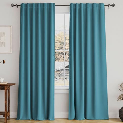 Turquoize Teal Blackout Curtains Thermal Insulated Blackout Curtain Drapes for Bedroom, Back Tab & Rod Pocket, Soundproof Window Treatment Curtains for Living Room, 52 x 84 Inch, 2 Panel, Turquoise