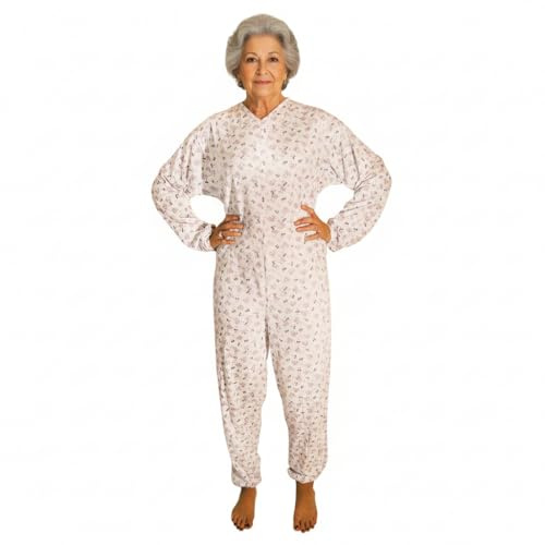 eMMe SQUARE - Pigiama Sanitario Intero Estivo a Manica Lunga con Zip Posteriore, Tutona Sanitaria per Anziani Disabili e Degenti, Cotone Leggero, Made in Italy, Bianco con Fantasia Donna Taglia L