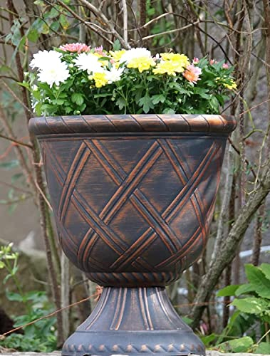 SG TRADERS Large Urn Plant Pot Stand, Flower Pots Outdoor Garden Planters, Indoor Plant Pot, Tall Planter with Drainage Holes, Strong Plastic Patio Home Plants, Black with Copper Planters, D43 x H49cm
