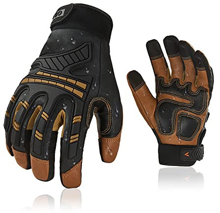 Vgo... Gants de mécanicien en cuir de chèvre hydrofuge haute dextérité - Gants de manutention - Anti-vibrations - Anti-abrasion - Écran tactile (taille S, marron, GA8954, 1 paire)