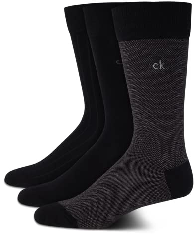 Calvin Klein Mens Dress Socks - 3 Pack Breathable Cotton Blend Patterned Crew Socks for Work, Business, and Formal Wear, Size 7-12, Black Birdseye