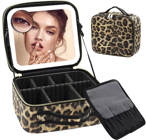 Reise-Makeup-Tasche Kosmetiktasche Make up Organizer Tasche mit großen beleuchteten Spiegel 3 Farbe Modi einstellbare Helligkeit, wasserdicht PU Leder Makeup Reisekoffer Makeup Zug Tasche