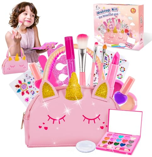 Hapikids Kinderschminke Einhorn Geschenke für Mädchen,Schminkkoffer Mädchen Spielzeug ab 3 4 5 6 7 8Jahre Mädchen Kinderschminke Set Mädchen Geschenke 3-9 Jahre Geburtstagsgeschenk für Mädchen