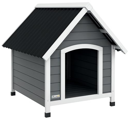 PawHut Wooden Dog House Outdoor, Dog Kennel with Removable Floor, Elevated Pet Shelter, Anti-Corrosion Wood, for Small Medium Dogs, 82H x 75W x 88Dcm - Grey