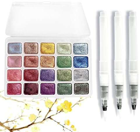 Barlone 20 Farben Metallic Aquarellfarben Set, Glitzerfarbe Watercolor Set Mit 3 Wasserpinsel, Metallic Wasserfarben, Solid Glitzer Aquarellfarben, Löslich und Mischbar, für Kinder,Anfänger und Profis