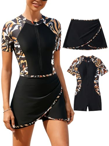 SHEKINI Femmes Deux pièces Sport Manches Courtes Surf Zip garçon Jambe Une pièce Anti - éruption Maillot de Bain + Jupe de Natation