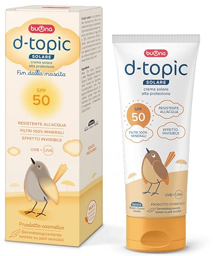 Buona d-topic Solare Crema Solare 50 Bambini 100 ml Protezione Solare Neonato per Pelle Sensibile e Delicata, Filtri 100% Minerali, Resistente All’Acqua, Senza Filtri Chimici, Effetto Invisibile