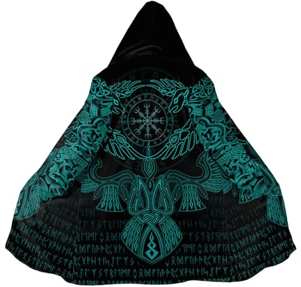 Wikinger Tattoo Herren Winter Warm Kapuzenumhang Jacke Nordische Mythologie Kaschmirmantel Parka Odin Fenrir Wolf Valknut Amulett(Nordic Tattoo coat F,M)