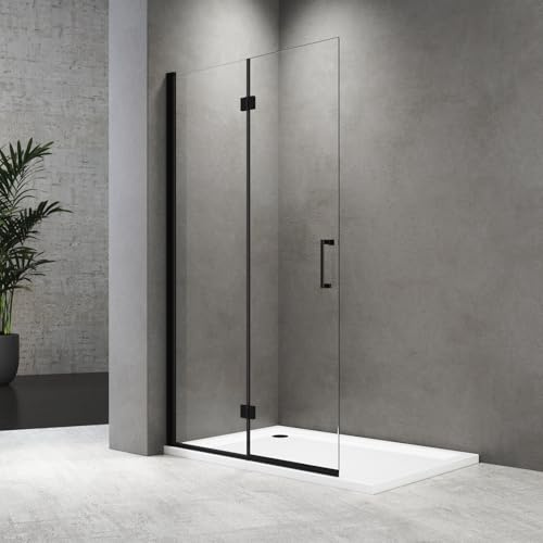 Duschwand Walk In 120x195 cm 180°Klappbar Dusche Schwarz Walk In Duschtür Falttür Duschabtrennung aus 6 mm Starkem Einscheiben-Sicherheitsglas mit Nanobeschichtung, Leicht zu Reinigen