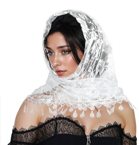 Wraps Lace Veil Headdress Floral Lace Triangle Shawls Wrap with Tassels Scarf Ladies Mantilla Flower Scarf Veil Stole Triangle Veils Head Covering Chapel Scarfs Bridal Veils for Party Birthday Wedding