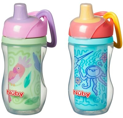 Nuby Insulated Sipper Cup Toddler Water Bottle, 2-Pack, 270ml, 12M+, Birds | Spill-Proof Toddler Beaker with Insulated Design, Removable Valve and Silicone Spout for Easy Transition