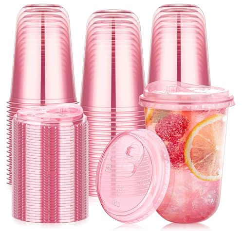 KesaPlan 50 Pack 16 oz Pink Round Bottom Plastic Party Cups with Sip Lids