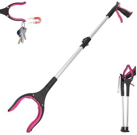 32 (83cm) Foldable Litter Picker,Extra Long Grabber Reacher Stick Tool, Lightweight Rubbish Pick Up,Strong Magnetic Grip, 360° Rotating 4 Wide Claw, Anti-Slip Jaw (Pink, 32 inch)