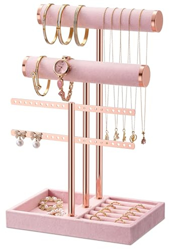 bussdis 3 Tier Bracelet Holder Display - Detachable T Bar Pink Velvet Bracelet Holder, Jewelry Holder Organizer for Bracelet, Necklace, Earrings, Rings