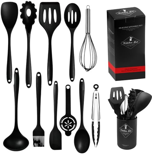 ROEOWENE 12 st köksredskapsset i silikon, köksredskap, set, svart, värmebeständiga köksbestick med redskapshållare, köksredskap, stekspade, sked, visp för bakning, matlagning, diskmaskinssäker