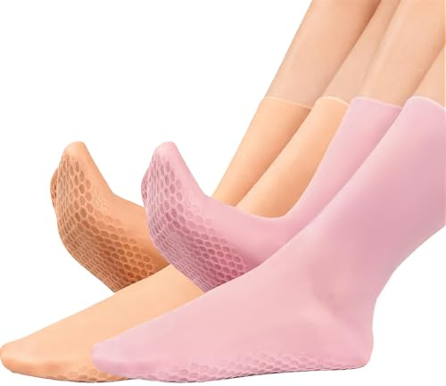 Aezzybe Calcetines Hidratantes 2 pares, Calcetines Mascarilla Pies enriquecidos con aceites esenciales gel, cómodo y antideslizante, Calcetines Silicona para el cuidado de la piel seca (rosa y verde)