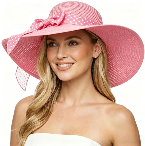 DRESHOW Femme Capeline Chapeau de Paille à Large Bord Casquettes Anti-Soleil Respirant Anti UV Chapeau de Paille Plage de Soleil UPF 50+