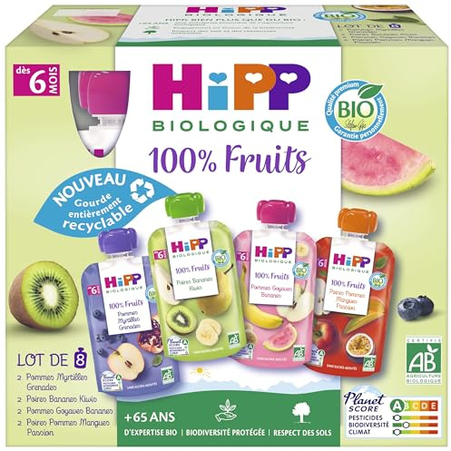 HiPP - 100% Fruits - 4 variétés dès 6 mois -Gourdes - 8x90g BIOLOGIQUE