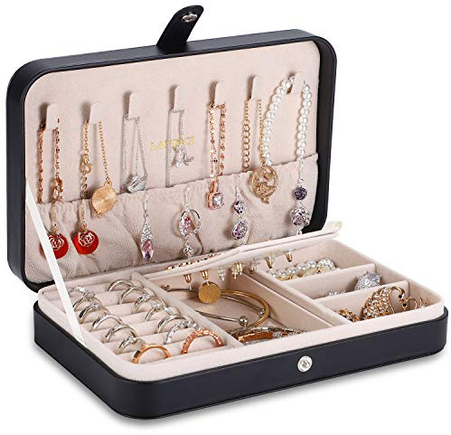 LANDICI Jewellery Box Small Jewellery Organiser for Women Girls, PU Leather Travel Jewellery Storage Case, Portable Jewellery Holder for Ring Earrings Necklace Bracelet, Jewellery Gift Box,Black