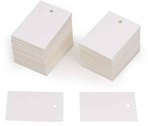 150 Etiquetas de cartón blancas con agujero colgador, 5x7 cm, tarjetas gruesas y resistentes, colgantes, para ropa, complementos, bodas, regalos, felicitación. (Blanco)
