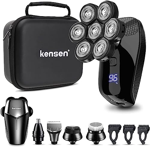 Rasoir Electriques Hommes,5 in 1 Rasoirs à Têtes Rotatives 7D Tondeuse à Barbe IPX6 Étanche rasoir à tête chauve Sec et humide Rasoir Nez Ave écran LED et Brosse pour le Visage